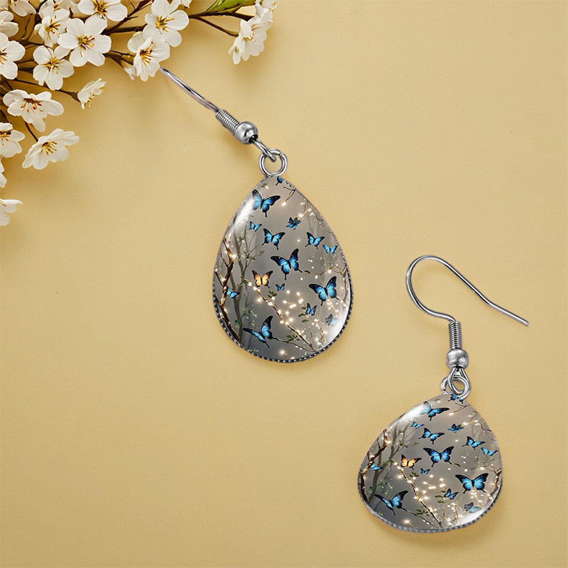 Women's Blue Butterflies in the Forest Water Drop Earrings